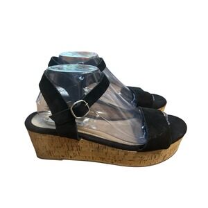 Steve Madden Black Suede Cork Wedge Platform Ankle Strap‎ Sandals Size 10M